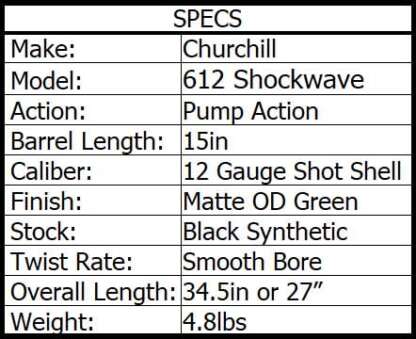 CHURCHILL 612 SHOCKWAVE OD 12ga W/FREE SCABBARD 15in 4rnd - Image 2