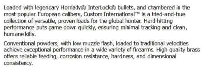 HORNADY CUSTOM INTERNATIONAL 9.3x62mm 286gr INTERLOCK SP 2370fps 20pk - Image 3