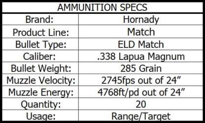 HORNADY MATCH 338 LAPUA 285gr ELD-M 2745fps 20pk - Image 4