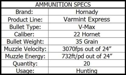 HORNADY 22 HORNET 35gr V-MAX 3100fps 25pk - Image 2