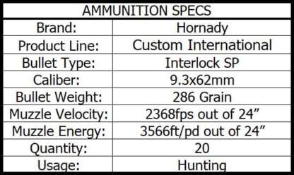 HORNADY CUSTOM INTERNATIONAL 9.3x62mm 286gr INTERLOCK SP 2370fps 20pk - Image 4
