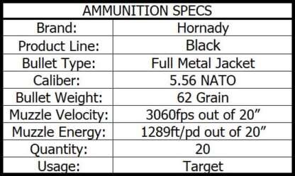 HORNADY BLACK 5.56 NATO 62gr FMJ 3060fps 20pk - Image 4