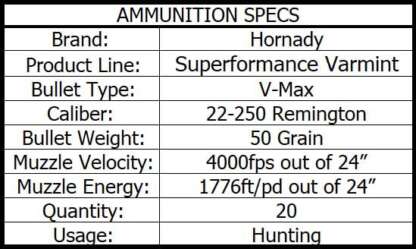 HORNADY SPF VARMINT 22-250 50gr V-MAX 4000fps 20pk - Image 4