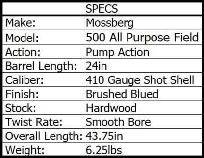MOSSBERG 500 ALL PURPOSE 410ga 3in FIELD 24in 5rnd - Image 3