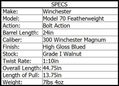 WINCHESTER M70 FEATHERWEIGHT NS 300 WIN MAG 24in 3rnd - Image 3